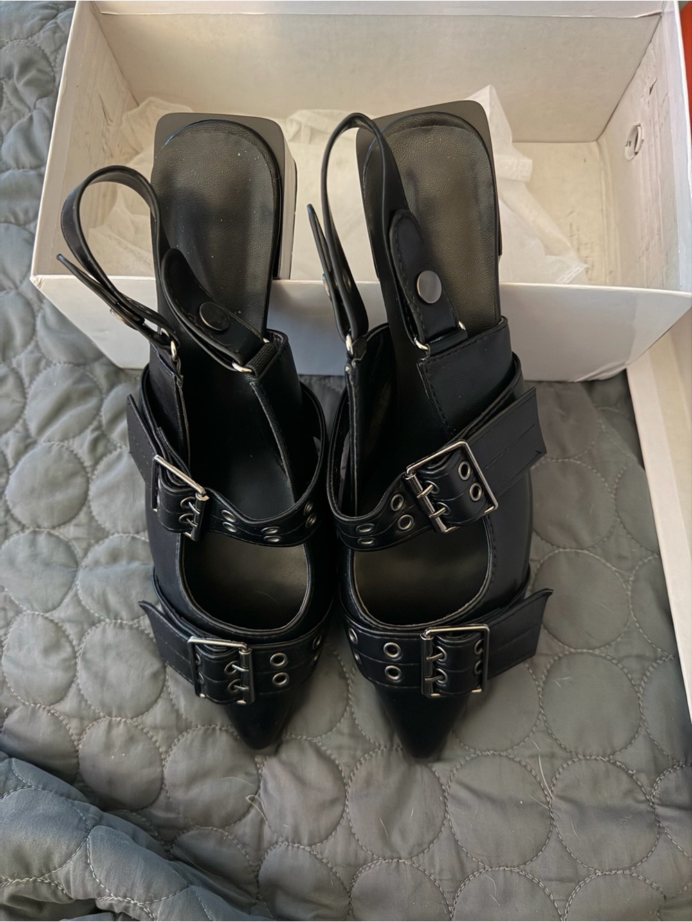 Brand New Black Pointed Buckle Slingback Heels - Never Worn